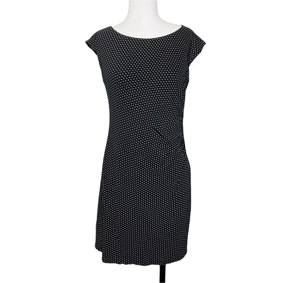 Ann Taylor Loft Dress Sz M * Black Cream Polka Dot Ruched Side Lined Career Work